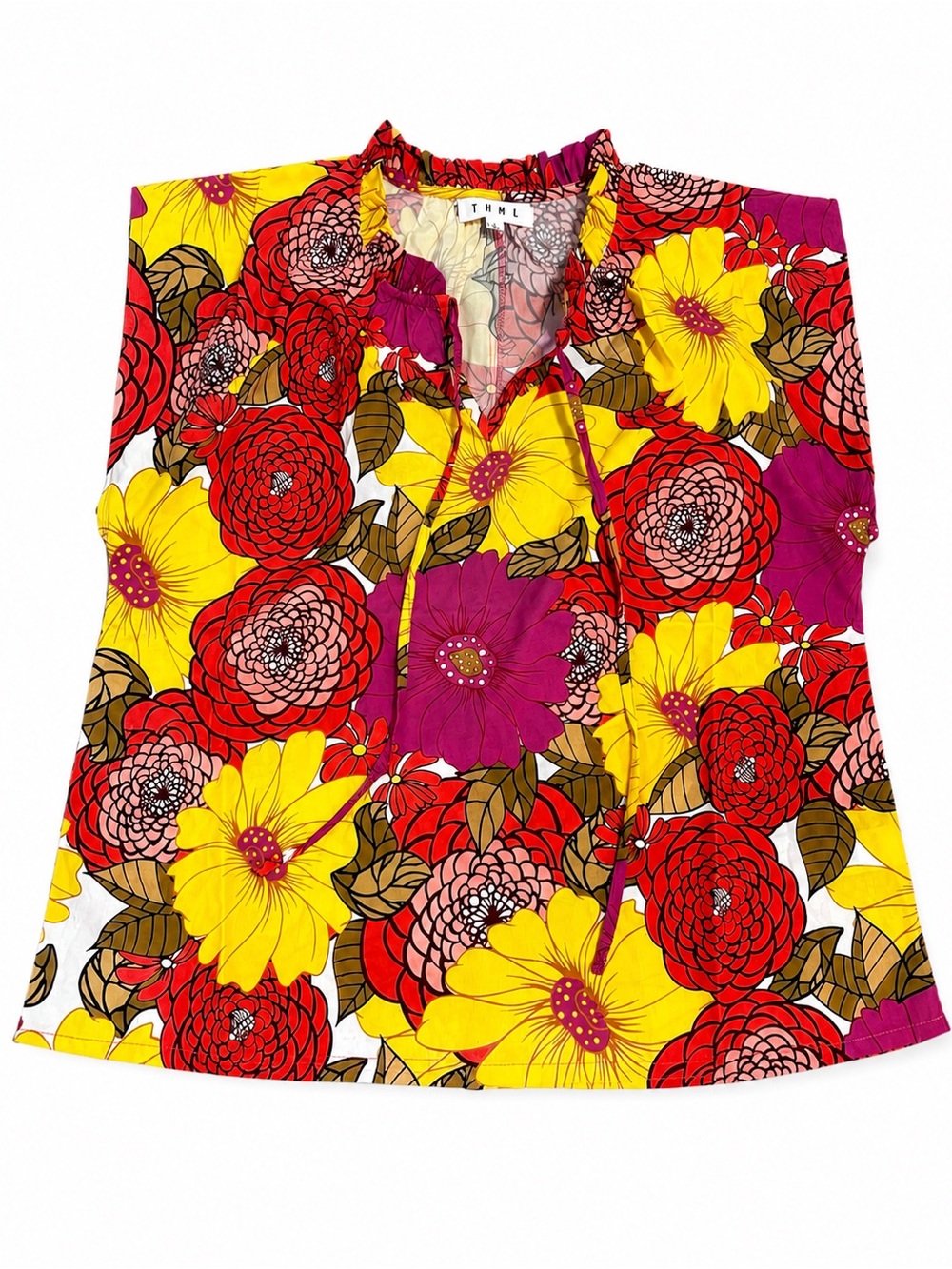 THML Anthropologie Floral Sleeveless Ruffle Neck Tie Blouse Top Size Small